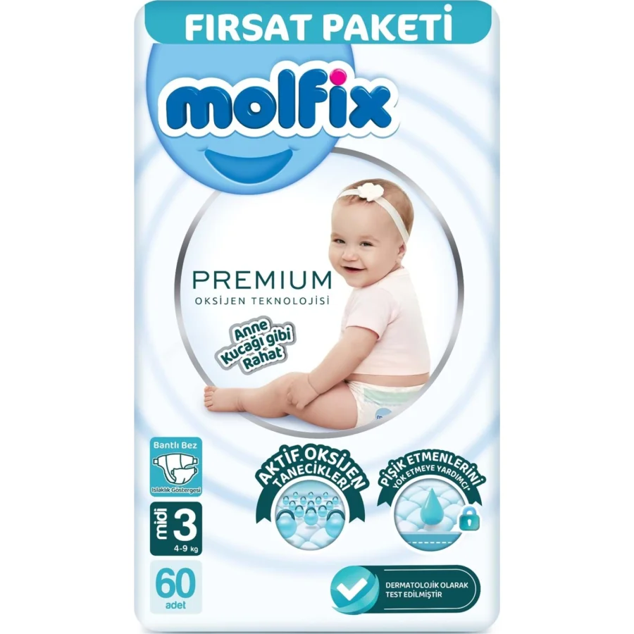 Molfix Premium Bebek Bezi, 3 Beden, 60 Adet