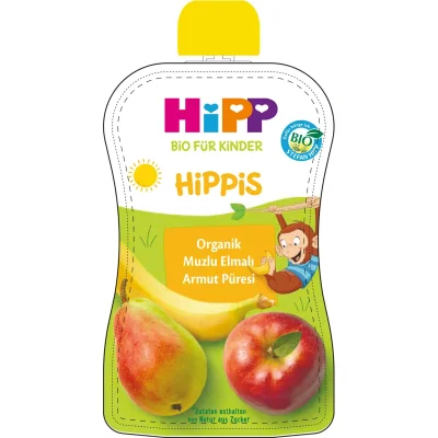 Hipp Organik Muzlu Elmalı Armutlu Meyve Püreli Kavanoz Maması, 90 g