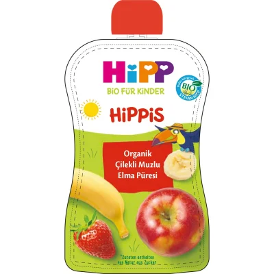 Hipp Organik Çilekli Muzlu Elmalı Meyve Püreli Kavanoz Maması, 90 g
