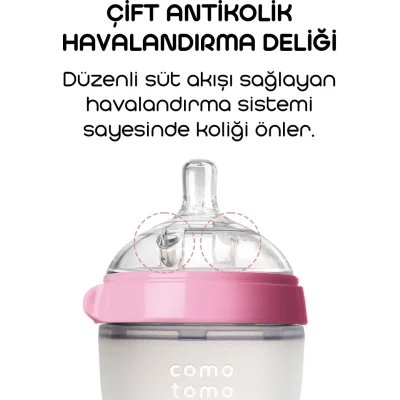 Comotomo Antikolik Silikon Biberon, 250 ml, 3-6 Ay Pembe
