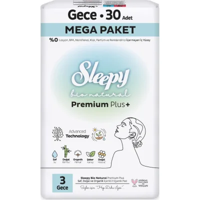 Sleepy Bio Natural Premium Plus Mega Gece Ped, 30 Adet