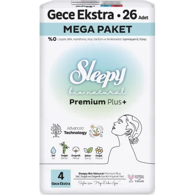 Sleepy Bio Natural Premium Plus Mega Ekstra Gece Ped, 26 Adet