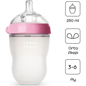 Comotomo Antikolik Silikon Biberon, 250 ml, 3-6 Ay Pembe