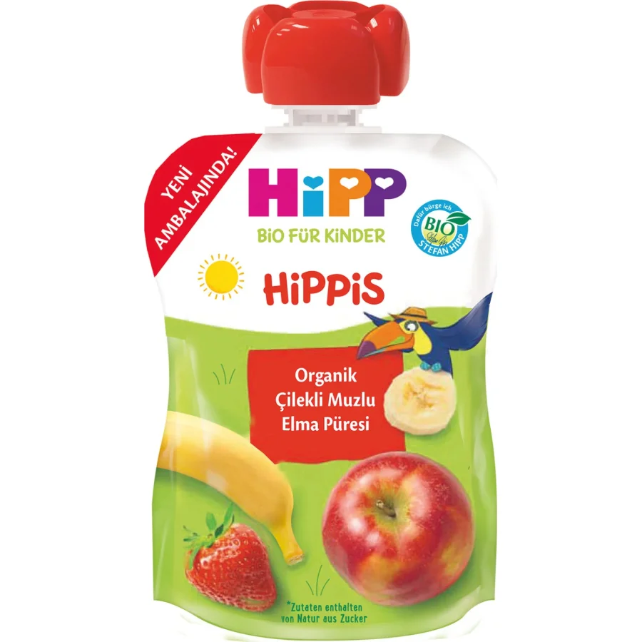 Hipp Organik Çilekli Muzlu Elmalı Meyve Püreli Kavanoz Maması, 90 g