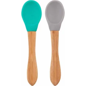 OiOi Bambu Saplı Silikon Mama Kaşığı Aqua Green/Powder Gray, 2'li